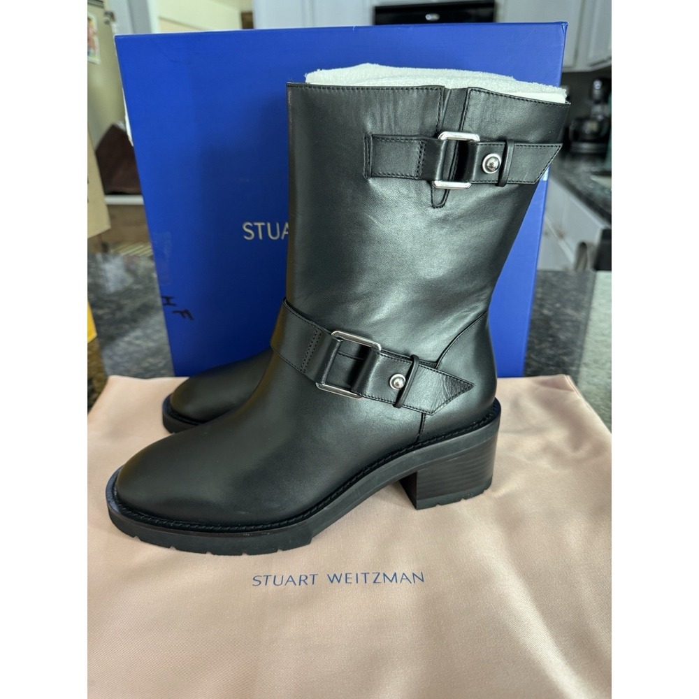 STUART WEITZMAN BOOTS Boulevard Moto Bootie Black Leather Size 8 EU 38.5 NWB